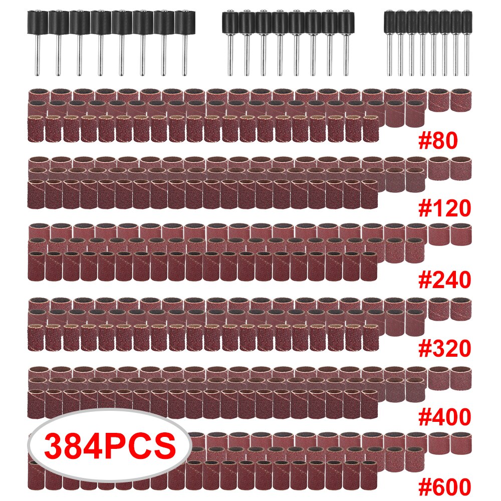 384pcs Drum Sanding Kit 80# 120# 180# Nail Drill Bits Abrasive Tools Sanding Band Polish Dremel Sandpaper Shank Rotary Tools: 384pcs