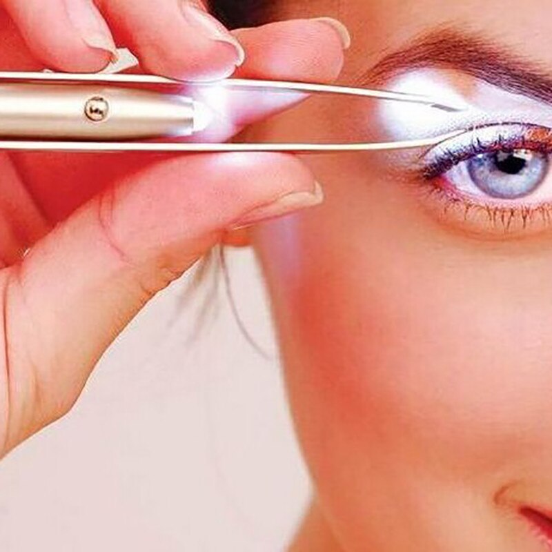 Professionele Rvs Make Led Licht Slant Tip Ontharing Wimpers Wenkbrauw Pincet Make-Up Tool Met Batterij