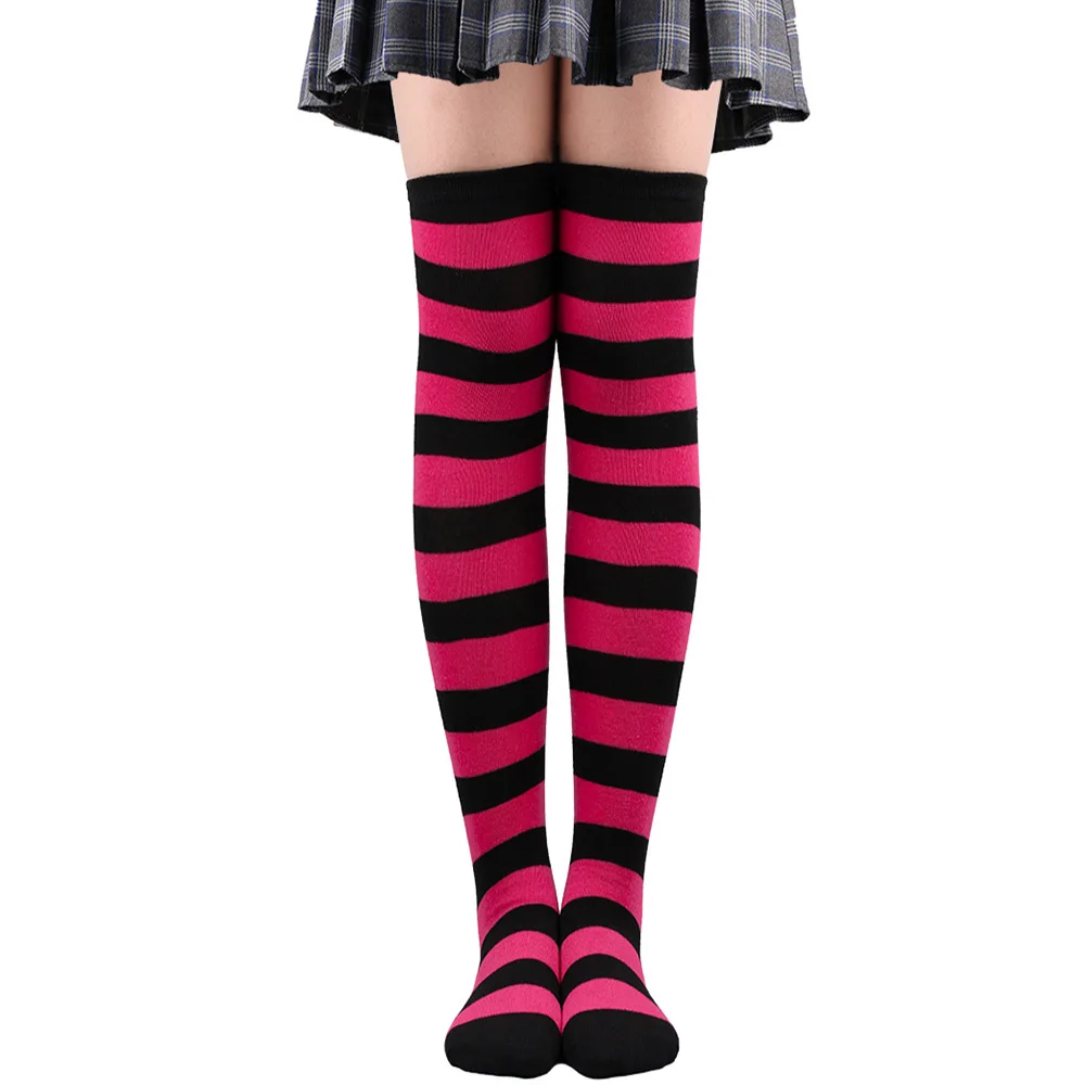 Medias altas hasta el muslo a rayas para mujer, calcetines largos por encima de la rodilla en negro, blanco y rosa, Cosplay de Lolita Harajuku Y2k 2025: Caqui