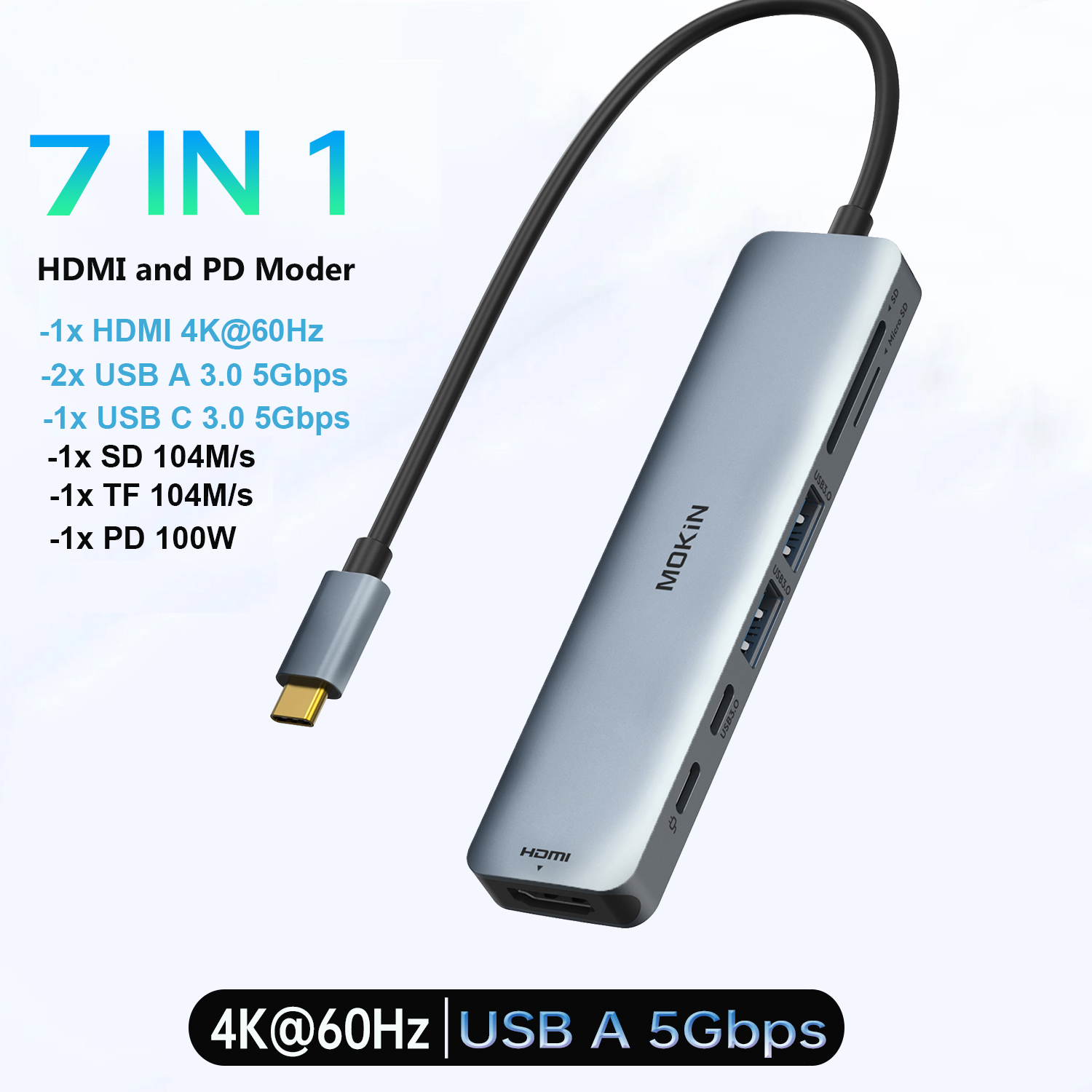 MOKiN USB C HUB 4K60Hz tipo C a HDMI PD 100W adaptador para Macbook iPad Pro M2 M1 accesorios de PC 3 USB3.0 5Gbps estación de acoplamiento