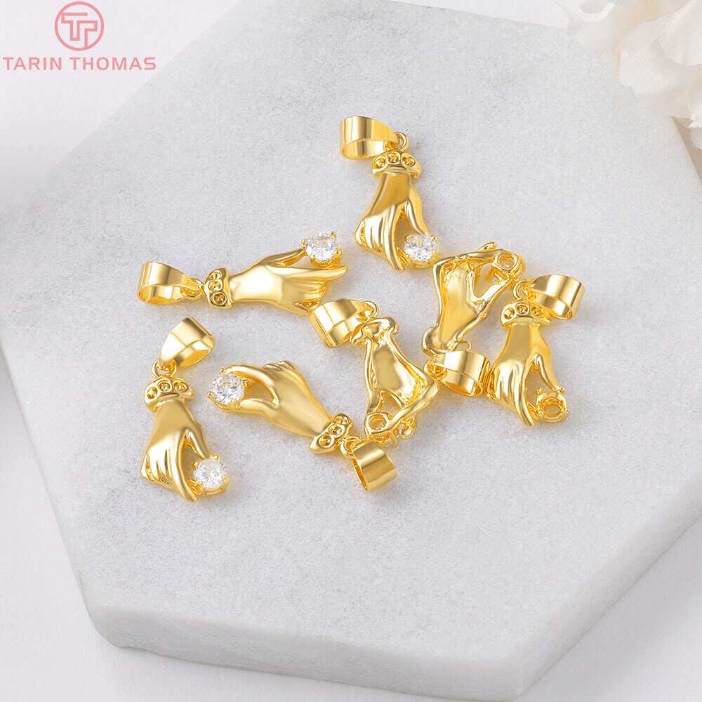 (1218)4PCS 6PCS 26x11MM Hole 4MM 24K Gold Color Brass with Zircon Hand Pendants Charms Jewelry Findings Accessories