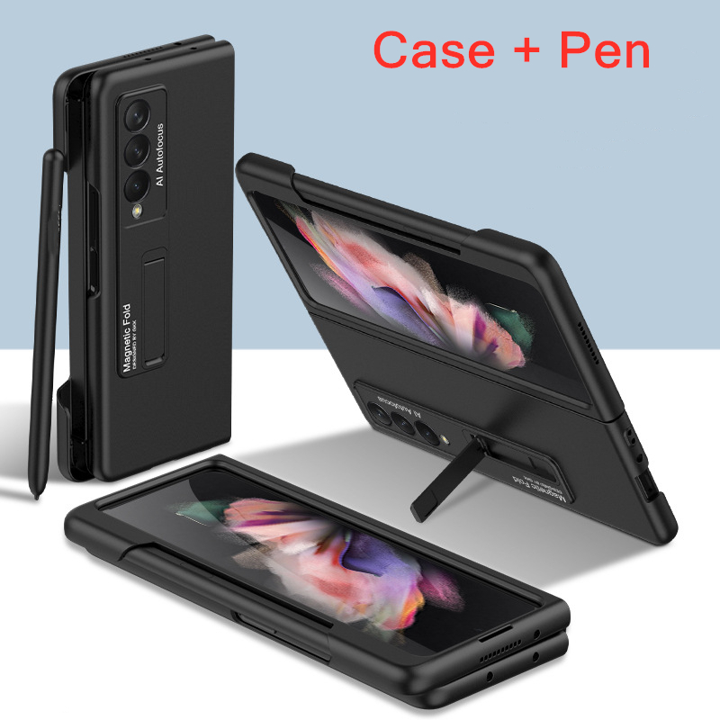 Magnetische Kickstand Pen Houder Slot Case Voor Samsung Galaxy Z Vouw 3 Case Met Mobiele Telefoon Stylus Pen Matte Hard pc Cover: Black With Pen