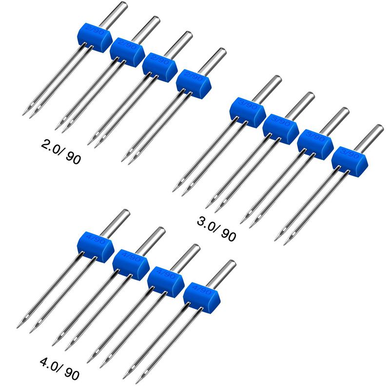 12 stykker dobbelt nåle, dobbelt dobbelt nåle med plastikæske til husholdnings symaskine , 3 størrelser blandet 2.0/ 90, 3.0/ 90, 4.0/