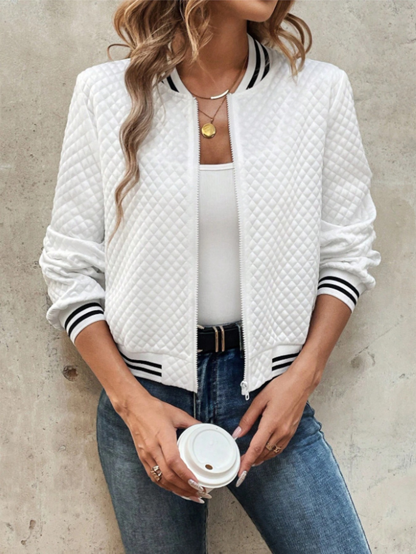 2024 Autunno transfrontaliero Europa e America eBay Commercio estero Abbigliamento donna Giacca da baseball con cerniera di nuova moda per Wo: M / WHITE