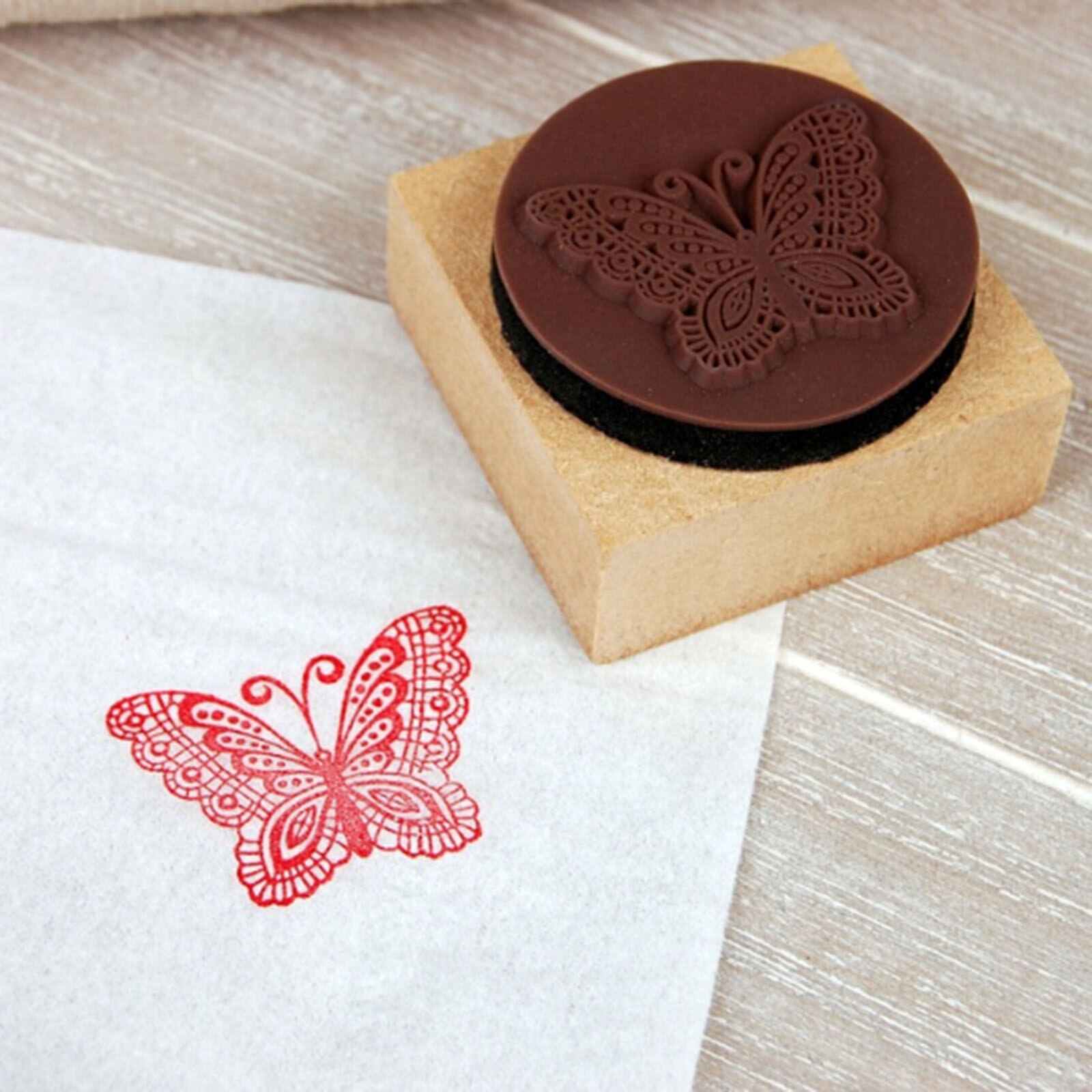 Wood Stamp Seal With Inkpad DIY Retro For Message Board, Diaries Wooden Butterfly Theme