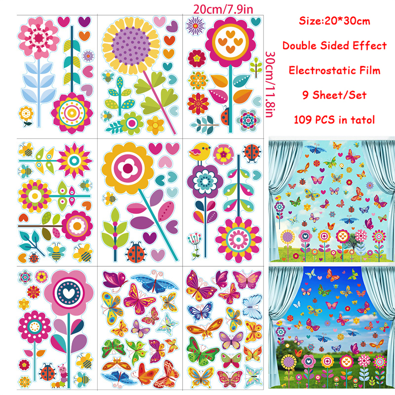Pegatinas electrostáticas para ventana, 9 piezas, pequeñas flores, mariposa, primavera de bienvenida, espejo de puerta de cristal, pegatinas de decoración de flores: A Set