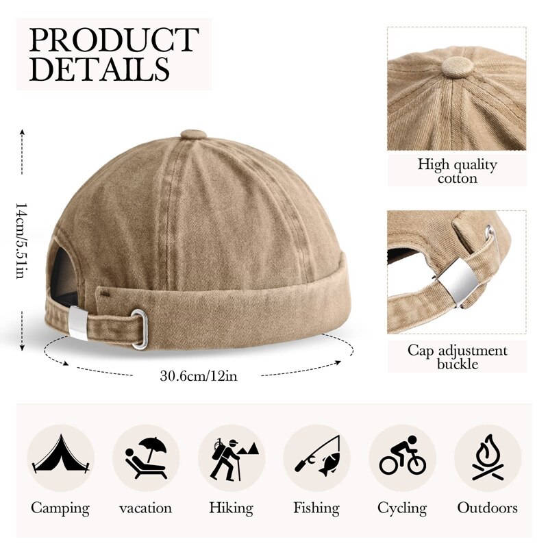 2 Pcs Brimless Hats for Men Adjustable Hat Casual No Brim Hat Visor-Less Flip Hat Sailor Skullcap