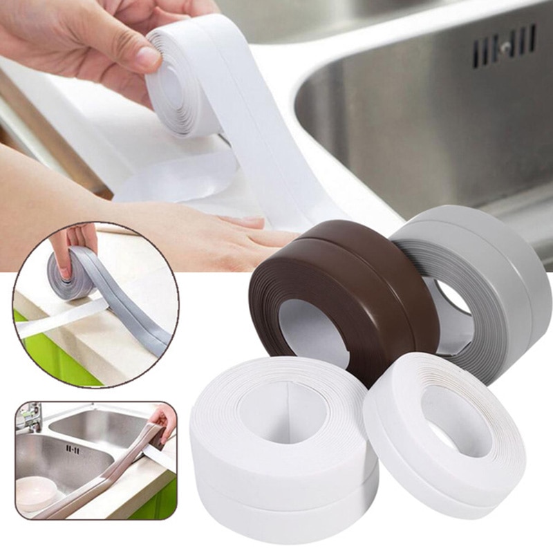 1 rulle pvc materiale badeværelse køkken brusebad varmebestandigt vandtæt formtæt tape vask forseglingsstrimmel selvklæbende tape