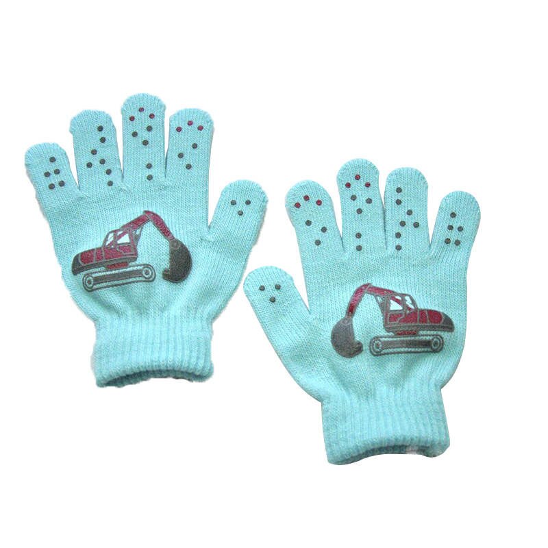 Warmom 6-12Y Children Winter Cold And Warm Outdoor Sports Knitted Gloves Small Engineering Vehicle Pattern Printing Gloves: Light Blue