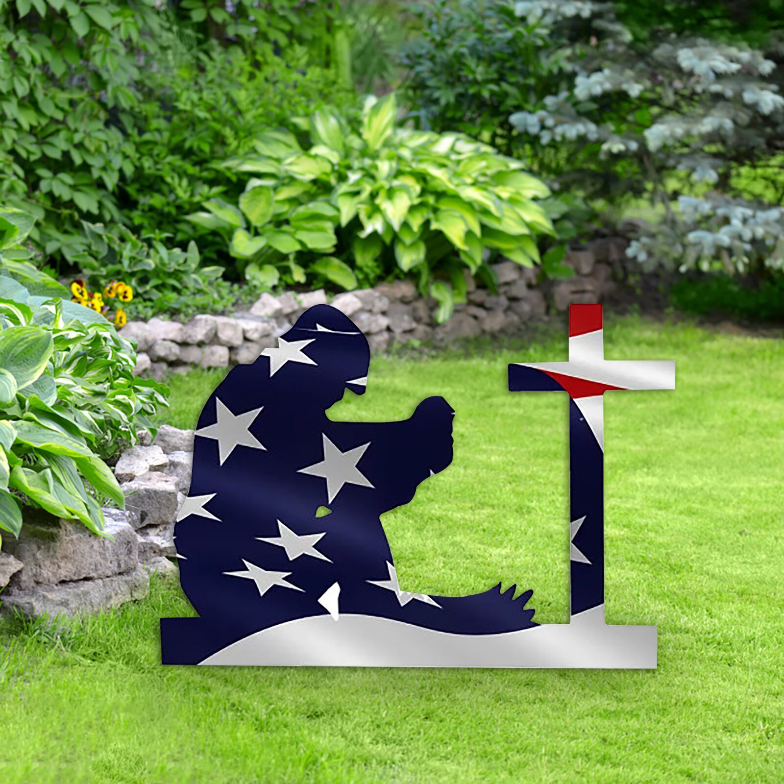 American Cross Kneeling Soldier Weathered Sign Splicing Art Decoration Kneeling Soldier's Garden Signs Independence Day Decor #P