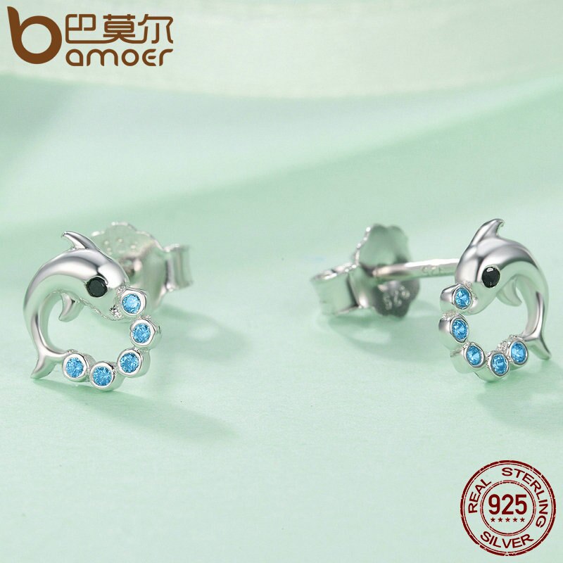 BAMOER Genuine 925 Sterling Silver Cute Dolphin Love Ball Animal Stud Earrings for Women Sterling Silver Jewelry Bijoux SCE179