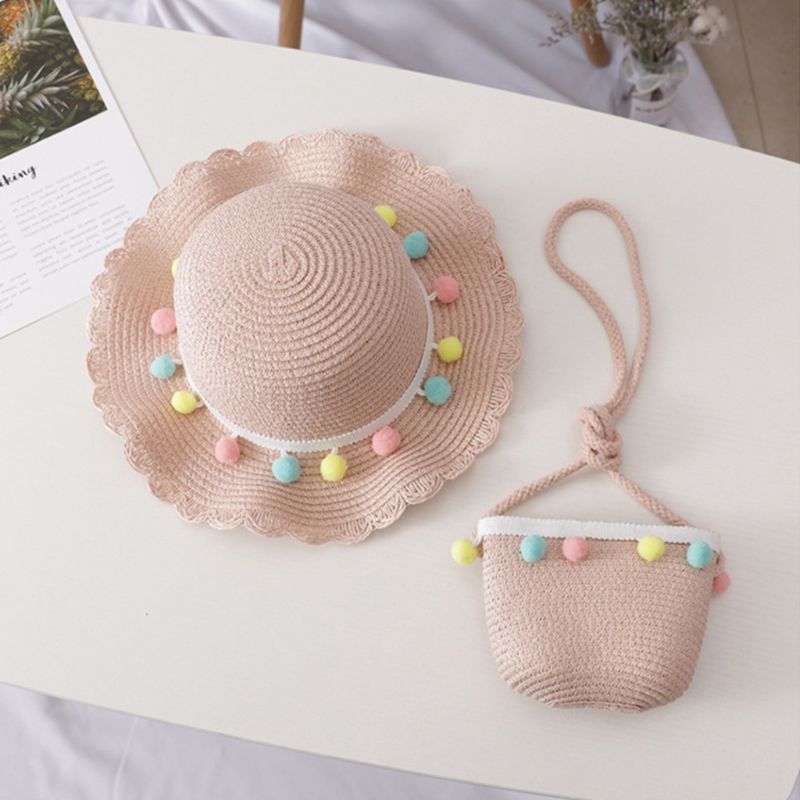 Kids Girls Large Wide Brim Straw Woven Sun Protection Beach Hat Colorful Pompom Ball Summer Floppy Bucket Cap Portable Handbag