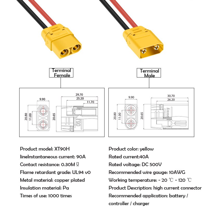 XT60PW 30U 90 Battery Male and Female Connector Plug with 150mm Wire High Current Connector for Battery Pack Aircraft Model