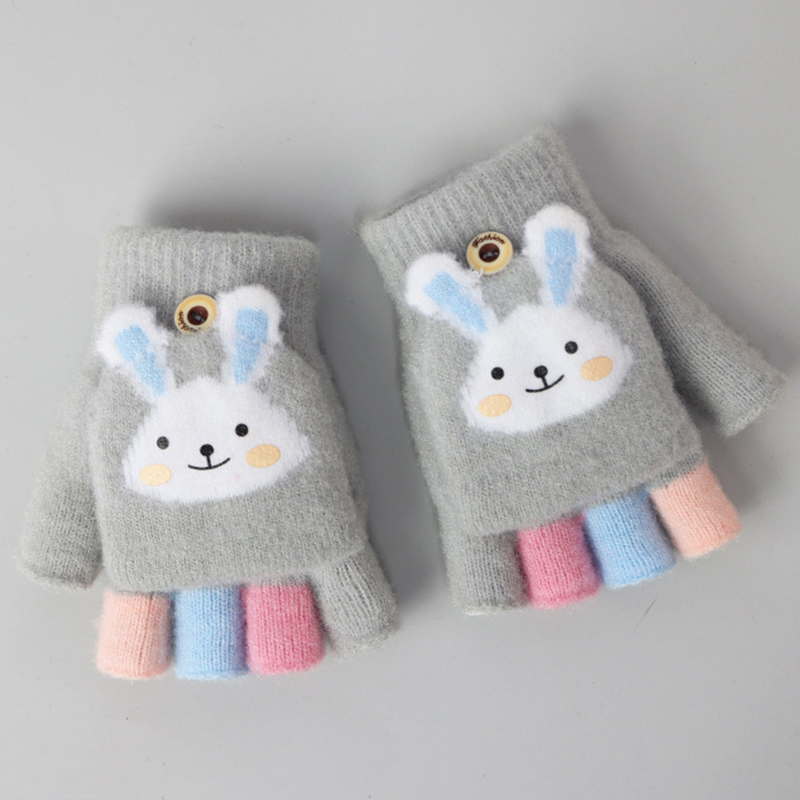 Kids Winter Warm Thicken Handschoenen Meisjes Zachte Half Vinger Cover Dier Vingerloze Handschoenen Outdoor Warme Wanten Handschoenen Voor Kids 5-12Y: rabbit gray
