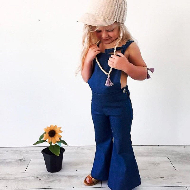 Mono vaquero sin mangas con tirantes y espalda descubierta para niña pequeña, pantalones con fondo de campana, ropa de verano,