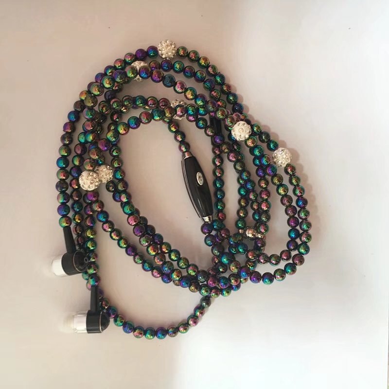 Pearl Necklace Earphone In-Ear Pink Rhinestone Necklace Jewelry Beads Earphones With Mic For Samsung Xiaomi Brithday Girls: Colorful