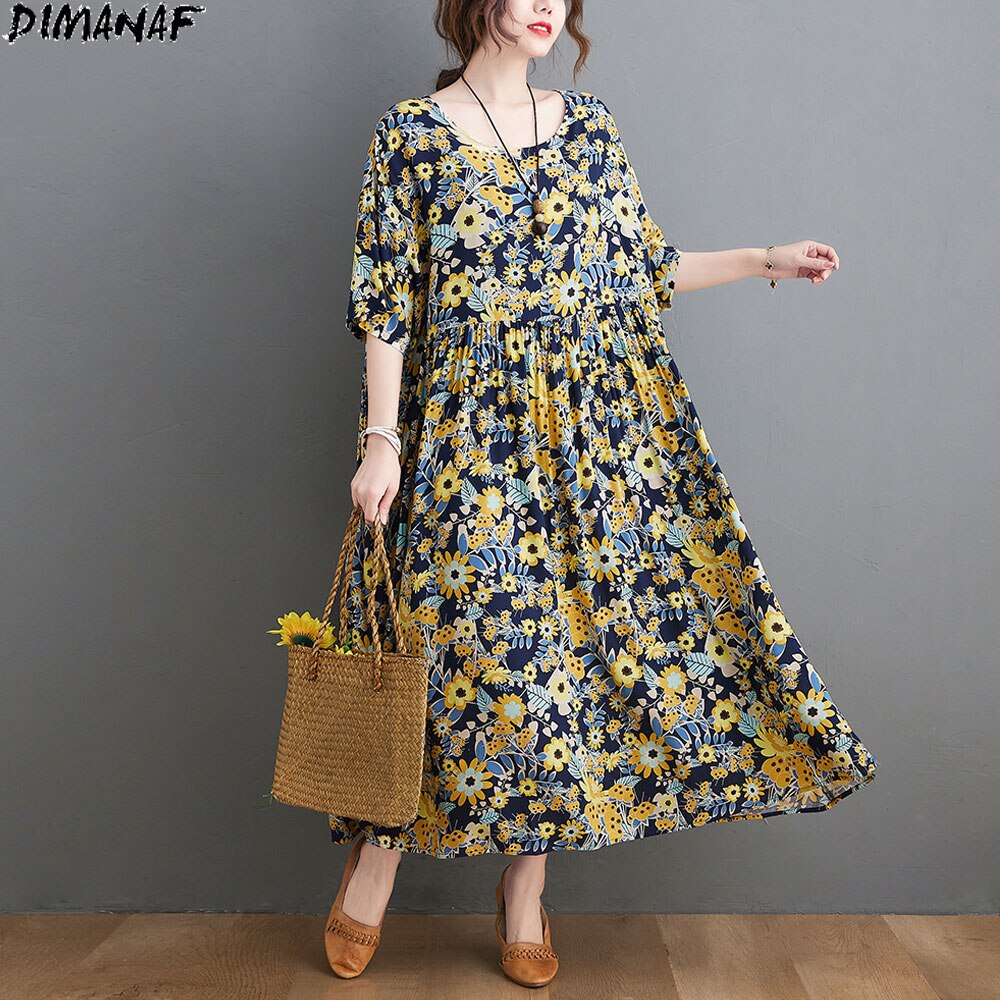 DIMANAF Summer Dress Women Prairie Chic Plus Size Dress Flowers Print Lady Vestidos Sundress Maxi Dress Oversized
