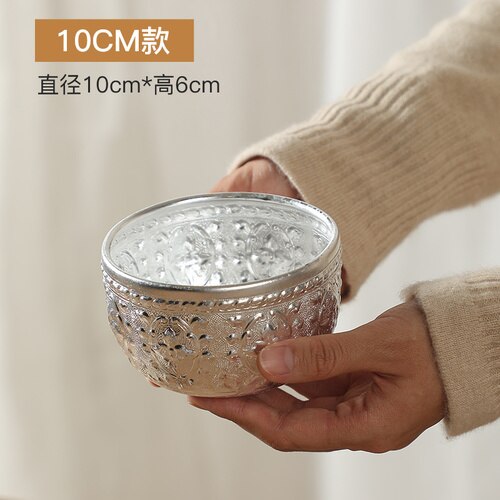 Cuenco de Metal para artesanía tailandesa, vajilla redonda tallada a mano para restaurante y Hotel, suministros para el hogar: 10X6 cm