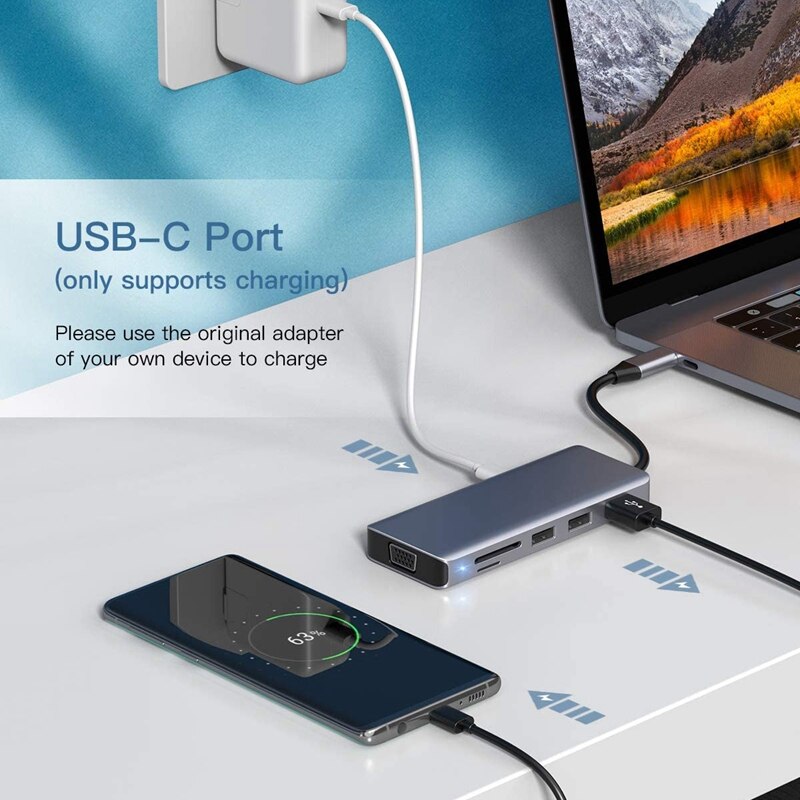 HYD-9866T USB C 8-in-1 Adapter HDMI+VGA Audio Interface PD HUB Card Reader Suitable for All USB C Devices, PC/Tablet