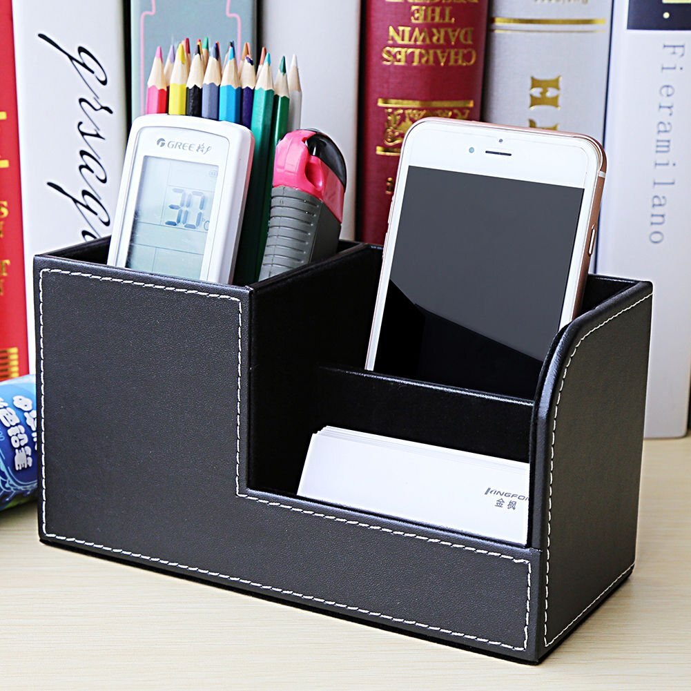 PU Leather Desk Stationery Box Organizer, Office Desktop Organizer with 3 Divided Storage Compartments for Storing Pen/ Remote