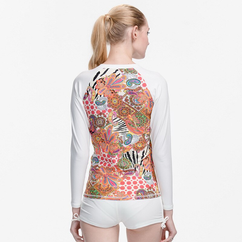 Vrouwen Lange Mouw Zip-Up Rashguard Bloemen Gedrukt Swim Pak Top Basic Pak crew UPF 50 + Tee Shirt
