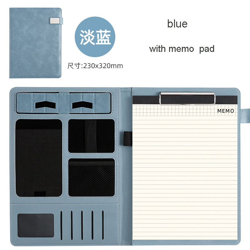 Multifunctional PU Leather A4 File folder Writing Pad Business Sign Conference Padfolio Folder Document Organizer: Light blue