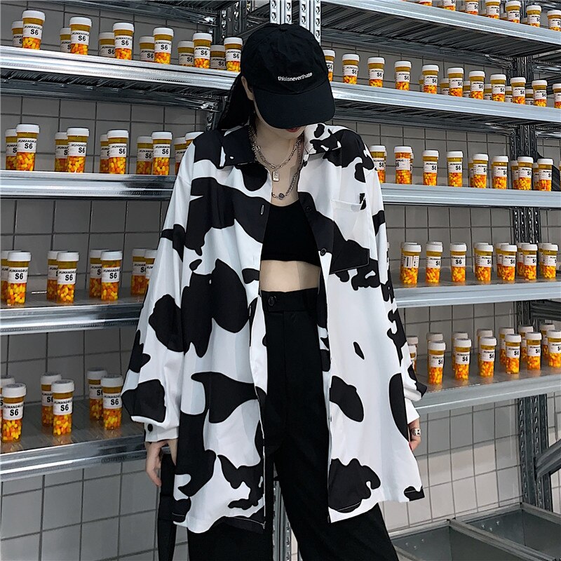 QWEEK Harajuku Shirt Women Korean Style Cow Print Blouses Oversized Streetwear Button Up Shirt Long Sleeve Casual