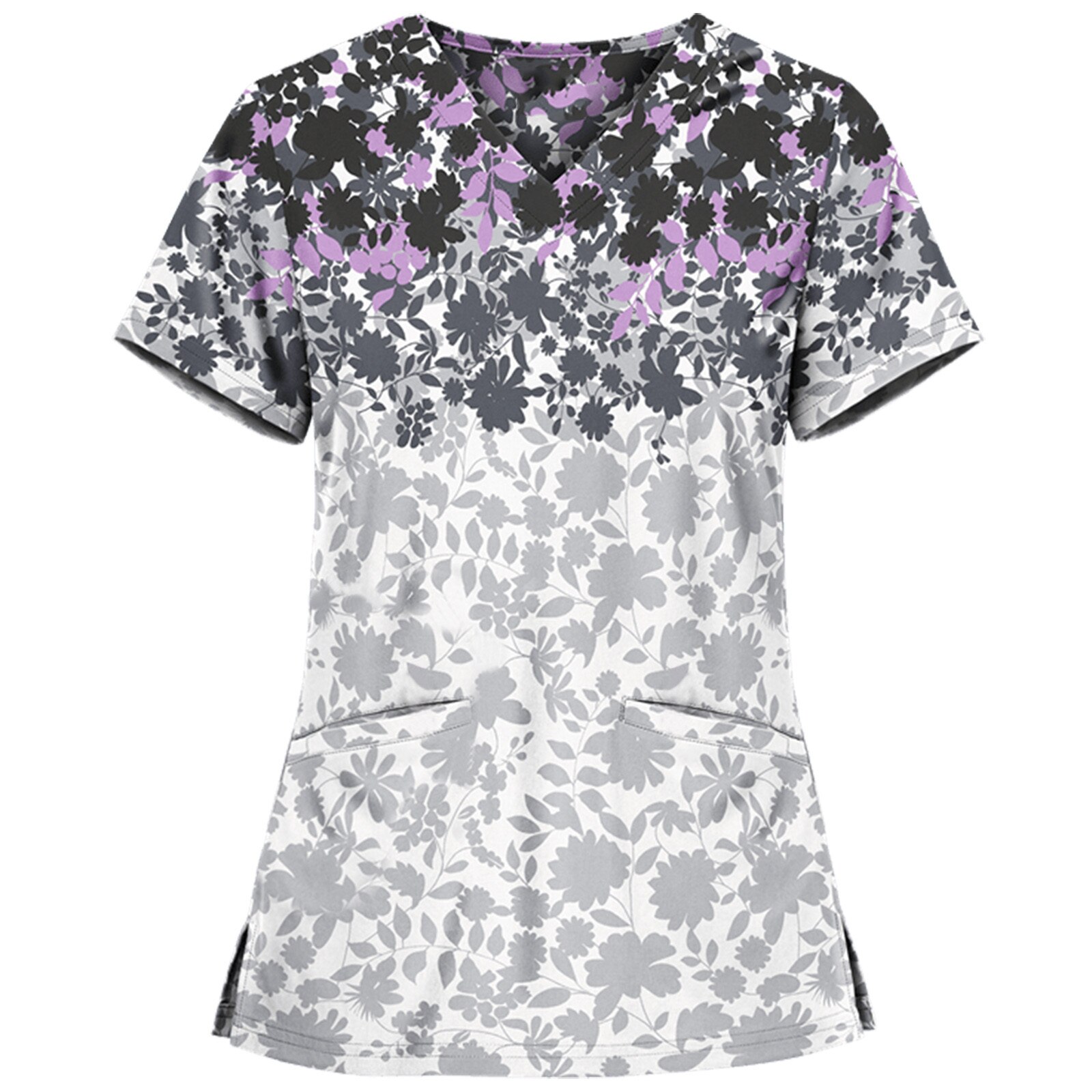 Chemisier à manches courtes et col en v pour femmes, uniforme de travail, salopette à imprimé floral, accessoires d'infirmière, # AA05: Gris / XXXL