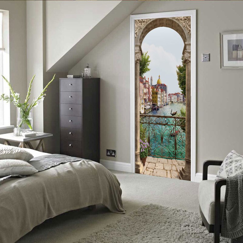 3D balcón mar paisaje puerta pegatina arte DIY pared Mural sala de estar dormitorio puerta papel tapiz PVC autoadhesivo impermeable decoración de casa