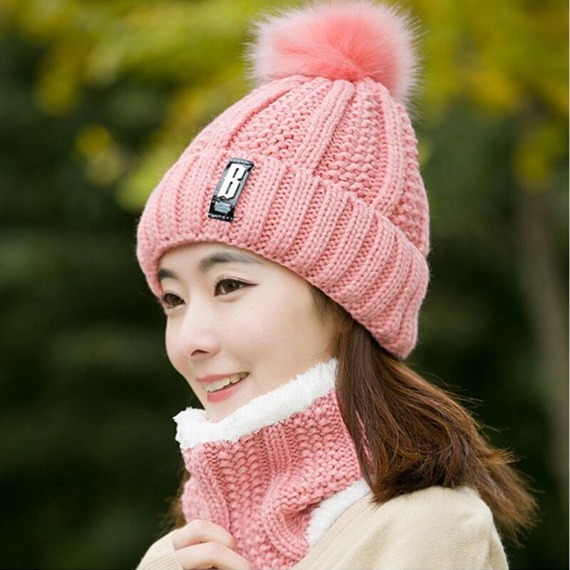 Winter gebreide mutsen dames dikke warme muts skullies muts dames gebreide letter muts mutsen mutsen outdoor rijsets: Hoed en sjaal k