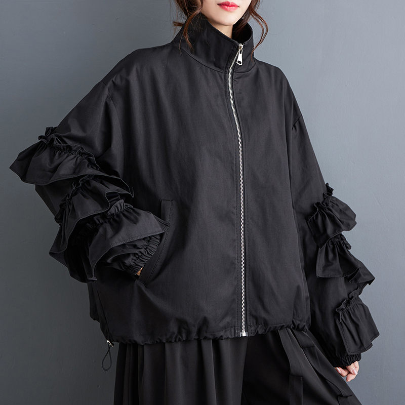 Übergroße schwarze Jahrgang geraffte Damen jacken Frühling Herbst lässig verlieren Jacke Mantel Strickjacke Kleidung Oberbekleidung 2024