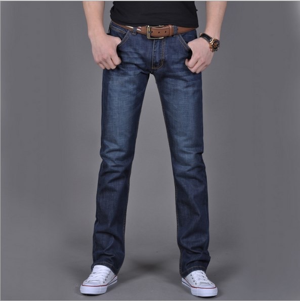 Classdim mænds lige jeans denim marineblå solid lange jeans mandlige klassiske denim jeans