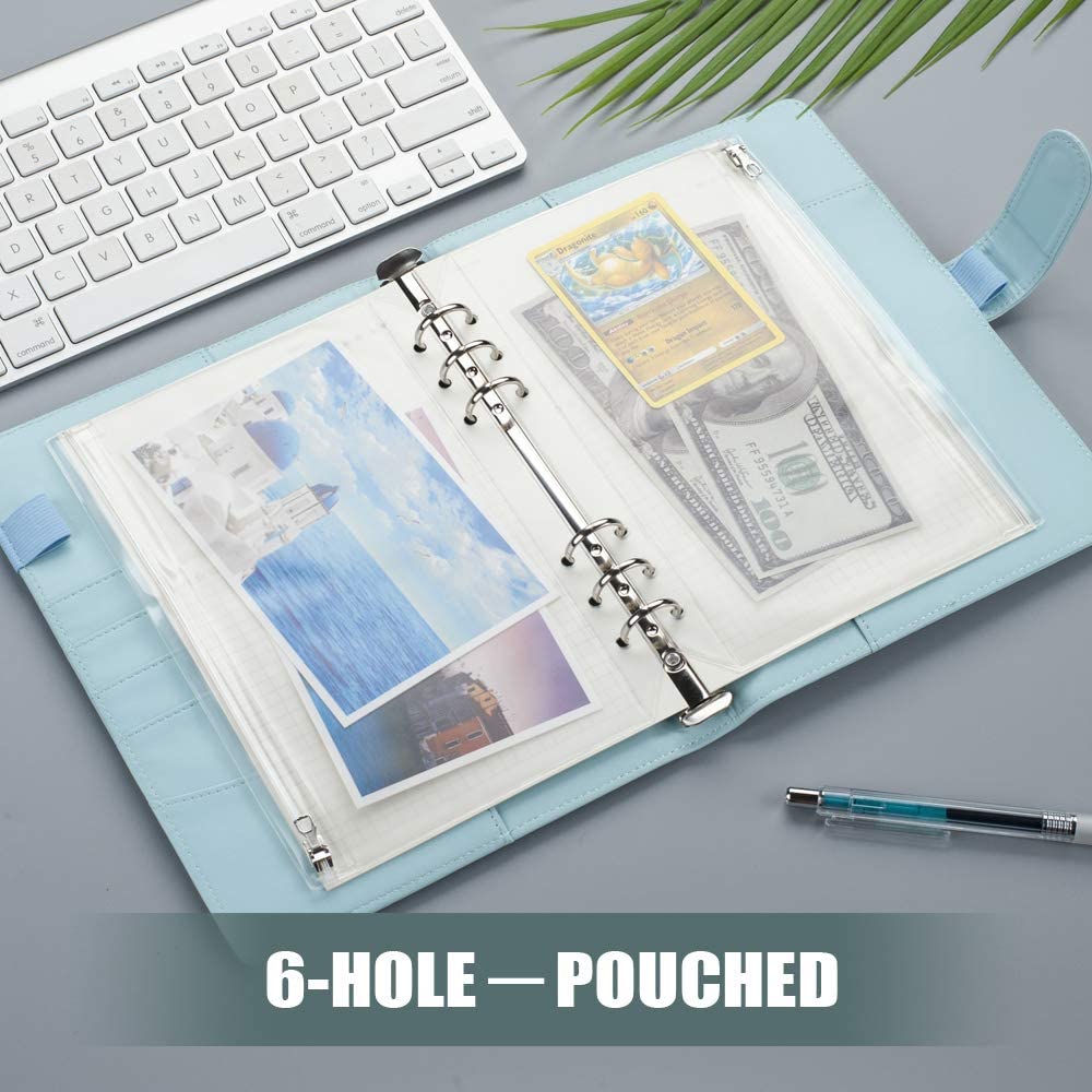 A5 A6 Clear Binder Pockets with Metal Zipper 6-Hole Punched Binder Pocket for 6-Ring Notebook Binder Pouch Organizer for Cashs