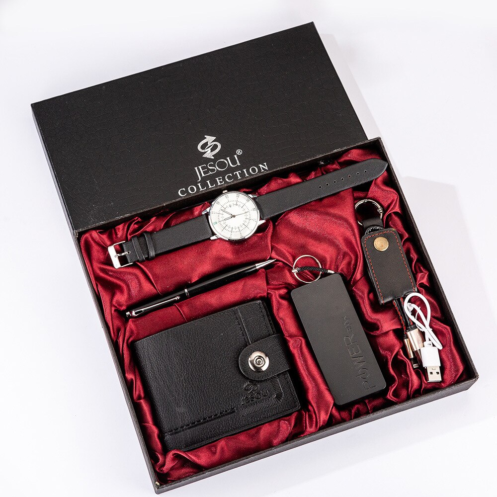 XSVO uhr männer armbanduhr herren armbanduhr einzigartige mens 5 teile/satz Boutique einstellen Brieftasche + Energie Bank + keychain + Uhr + Stift: Schwarz