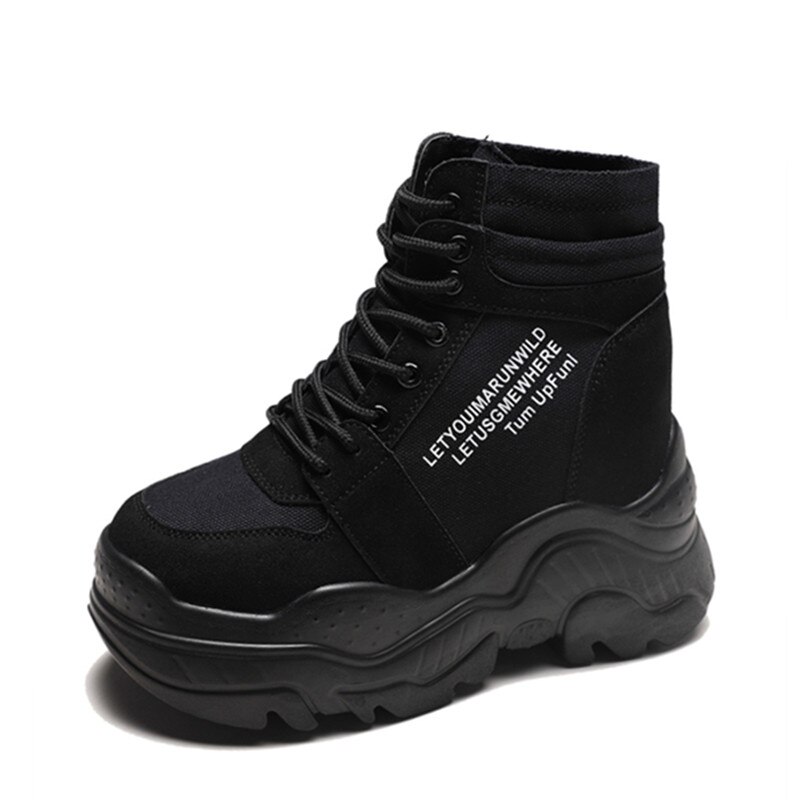 Botas de otoño para mujer, zapatillas de plataforma alta de 12CM, botines de aumento de altura, suela gruesa, zapatos de lona transpirables, novedad de: Negro / 8,5