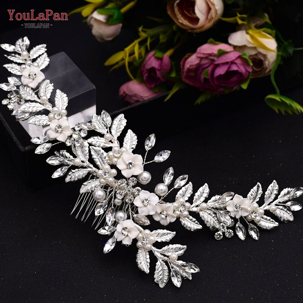 Topqueen-acessórios de cabelo hp301, estilo indiano, para noivado, fabricado em liga de flores, coroa e tiaras, prata, para casamento: HP368-Silver