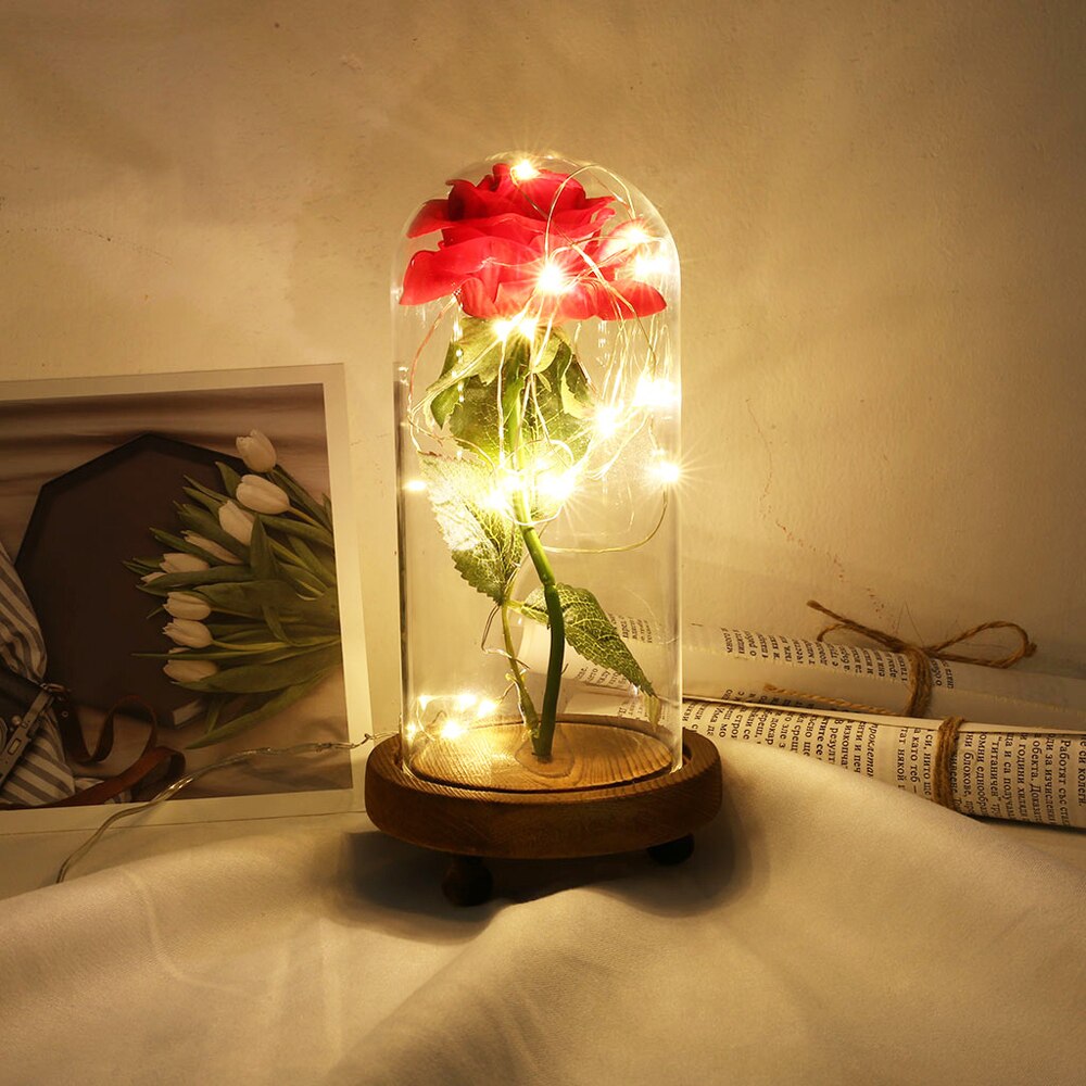 Bloem Rode Roos In Glas Dome Houten Base Led Rose Lampen Woondecoratie Accessoires Kunstbloem Valentijnsdag