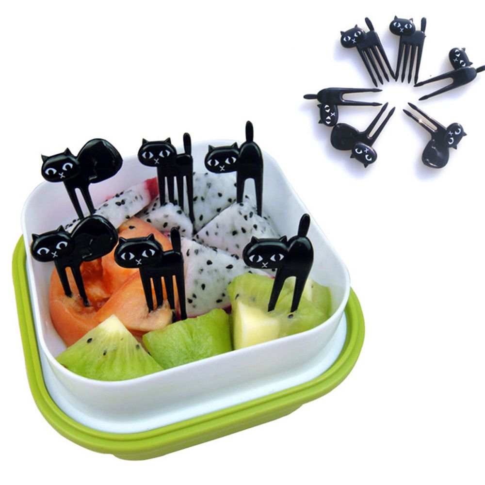 6 Pcs Mini Dier Vork Fruit Picks Leuke Cartoon Kat Kinderen Vork Bento Lunchbox Decor Accessoires Zwarte Kleur