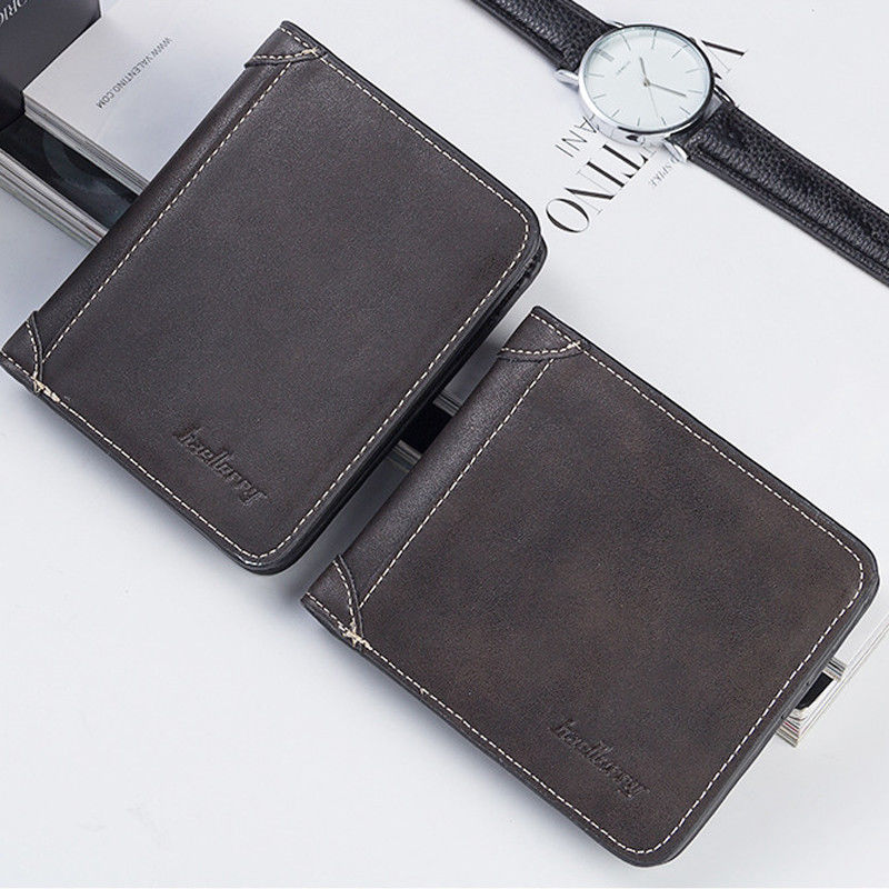 Men's classic wallet PU leather solid color three fold without zipper clutch card