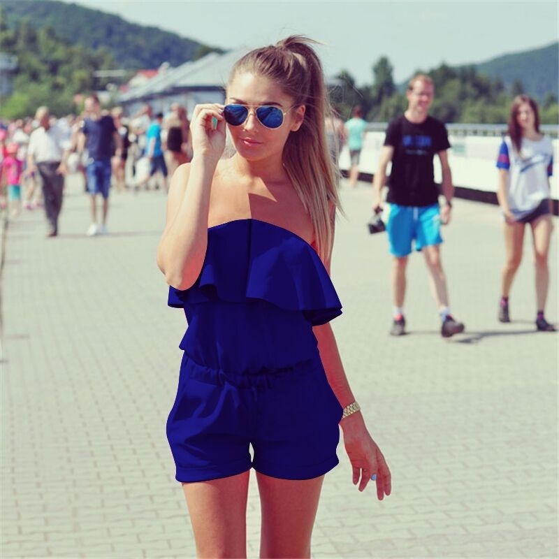 Sommer dameoveralls afslappet flæser shorts rompers elastikbånd off shoulder playsuits sweet beach dame jumpsuits