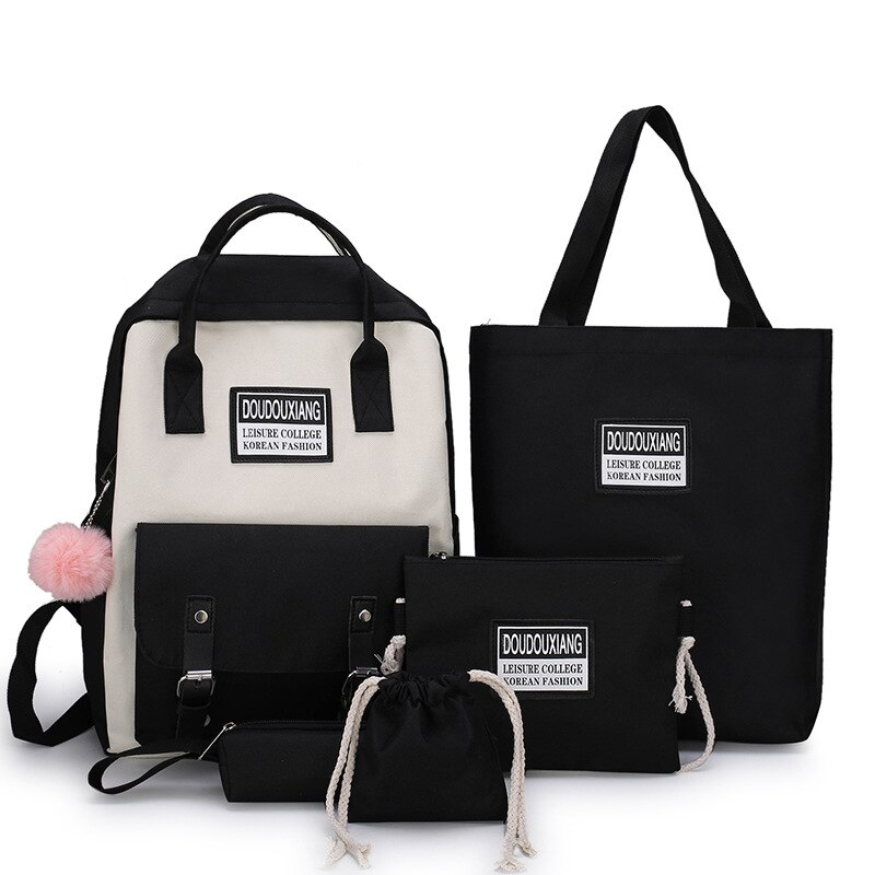 5 Piece Set High School backpack Bags for Teenage Girls Canvas Travel Backpack Women Bookbags Teen Student Schoolbag: Black 5PCS
