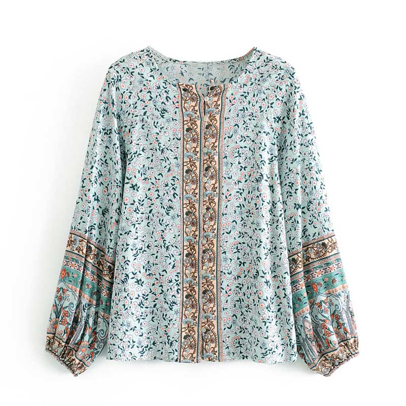 Boho inspirert øy bluse bohem lilla floral langermet bomull dame topper button down casual dame bluser sommer topp: Himmelblå / M