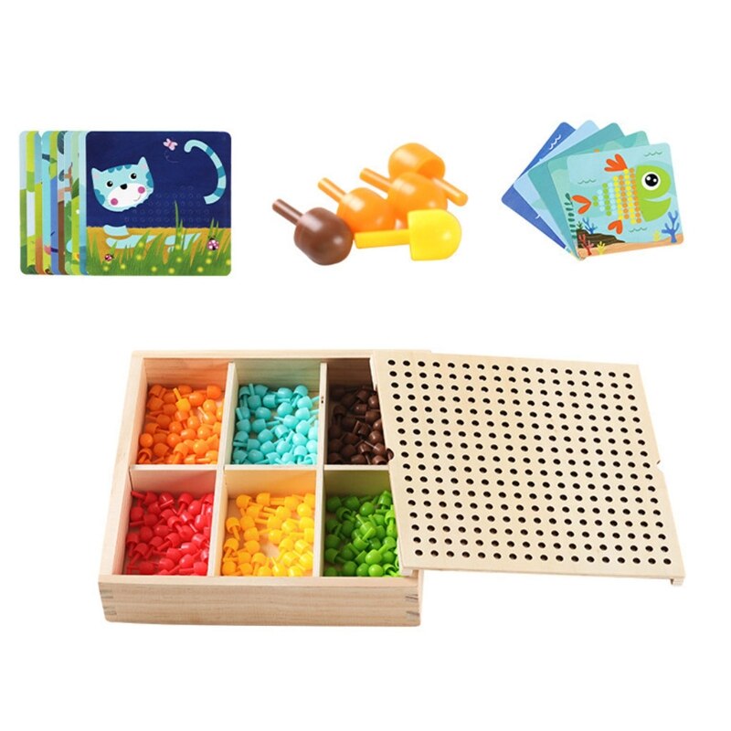 Jeu de Puzzle Intelligent 3D avec clous en forme de champignon, avec boîte de rangement en bois, planche de cheville en mosaïque, Puzzle pour enfants, jouets éducatifs de bricolage, 240 pièces