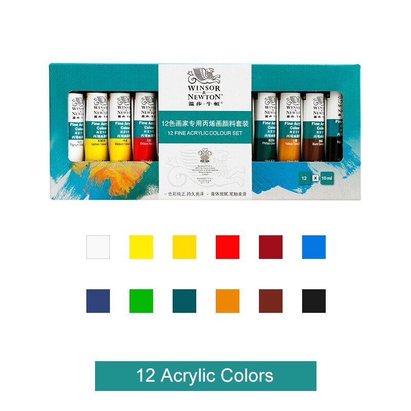 Winsor & Newton Aquarellen Acryl Olieverf Set 12/18/24/36 Kleuren 10Ml Tube Rijke Pigmenten Blijvende Voor Beginners Student: 12 Acrylic Colors