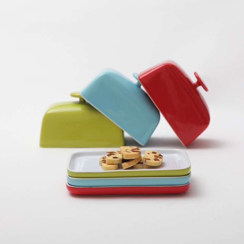 Caja de cerámica para platos de mantequilla de 6 pulgadas, caja de dulces/pastel/bandeja con tapa, con mango de diamante, negro