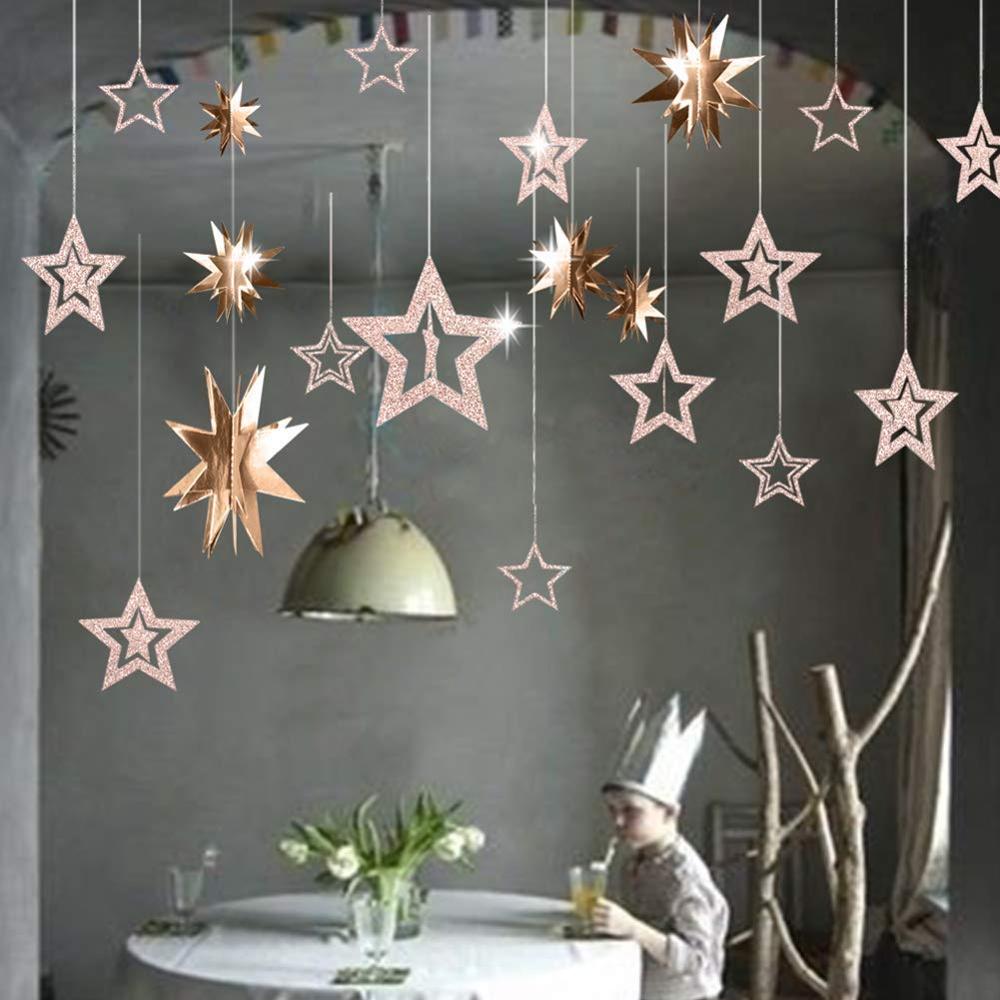 Frozen Birthday Party Glitter Silver Hollow Star Garlands Metallic 3D Star Hanging Paper Garlands Baby Shower Party Supplies: 20Pcs Champagne