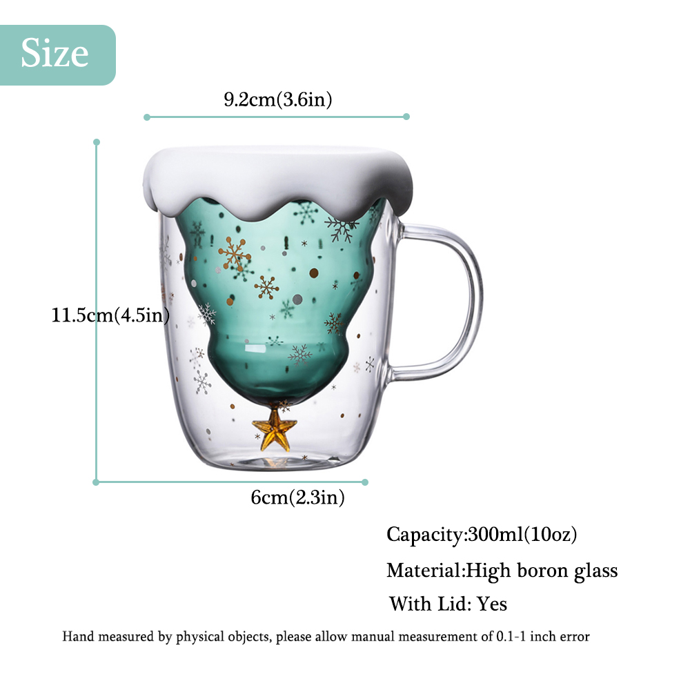300ML Koffie Mok Dubbelwandige Glazen Cup kerstboom Isolatieglas mokken met Handvat Perfect voor Latte, americano Cappuccino