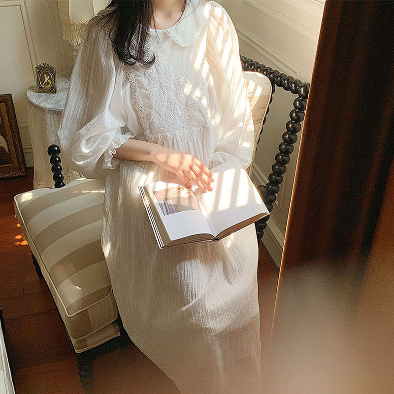 Camisones largos de algodón blanco con bordado Vintage para mujer, ropa de dormir Floral, vestido de noche para primavera y otoño