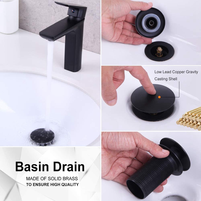 Matte Black Bathroom Basin Drain Brass Sink Waste Black Popup Bath Sink Drain Kit Without Overflow Hole