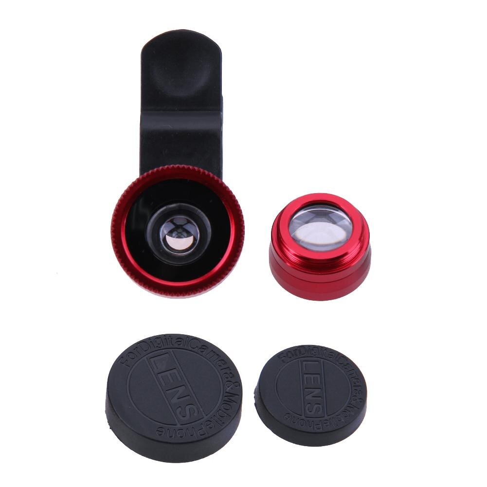 3 in1 universal lente do telefone móvel olho de peixe + grande angular macro lente da câmera clipe kit telefone celular câmera capa: Vermelho